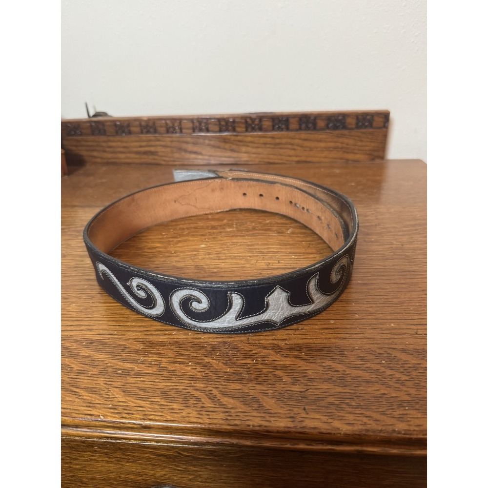 Tony Lama Western Leather Belt Black & Gray Scroll Inlay Size 40 No Buckle